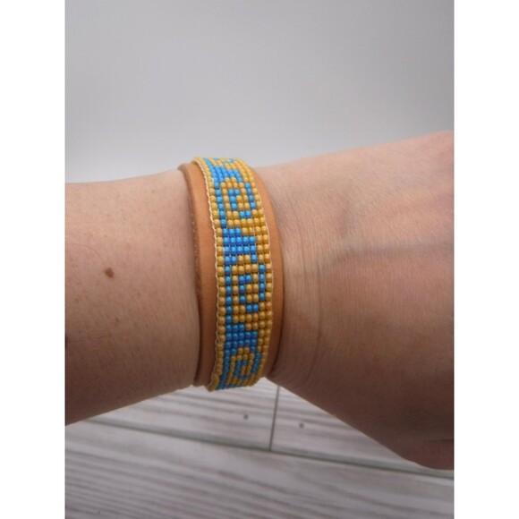 Hand Crafted Jewelry - Loom Beaded Bracelet Teal & Tan Wave on Leather